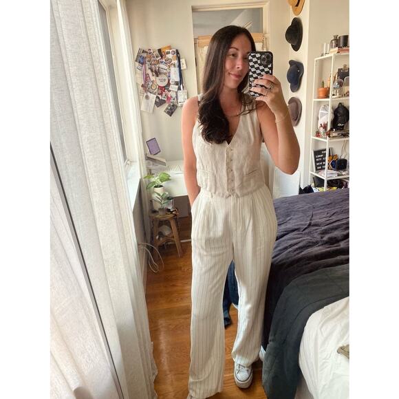 DONNI Off-White Stripe Pinstripe Linen Pleated Trousers Pants Size Large - Picture 5 of 15